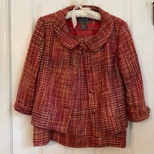 Pink, purple and cream tweed skirt suit.